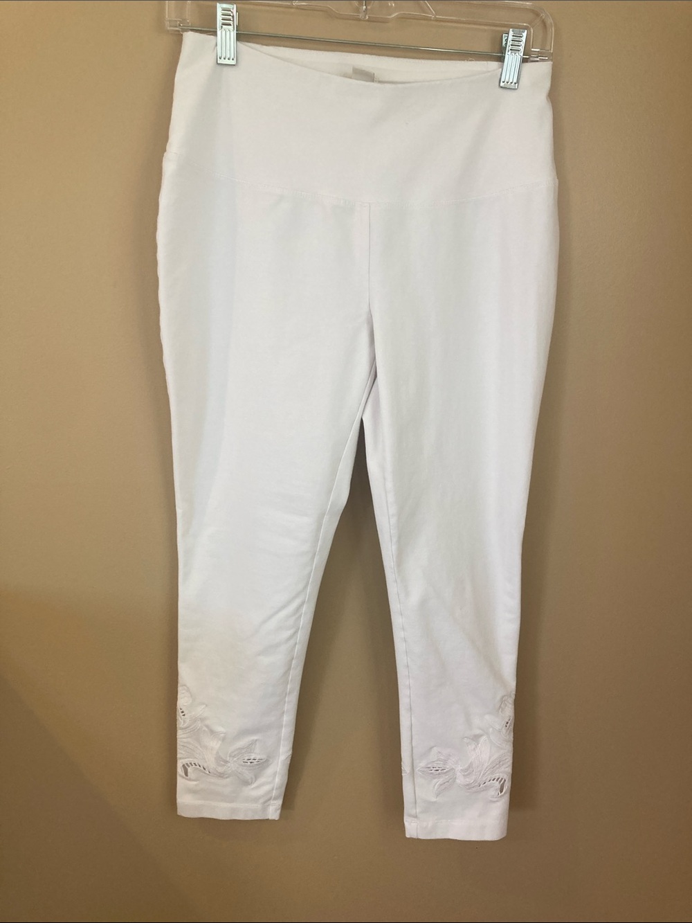 White Capri Leggings with Embroidered Hem